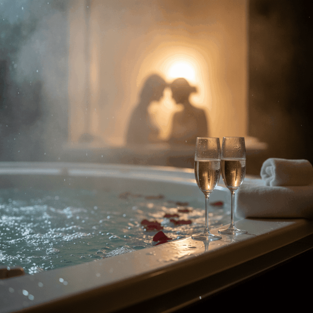 Jacuzzi privatif XXL dans suite wellness exclusive pour couple avec champagne et pétales de roses