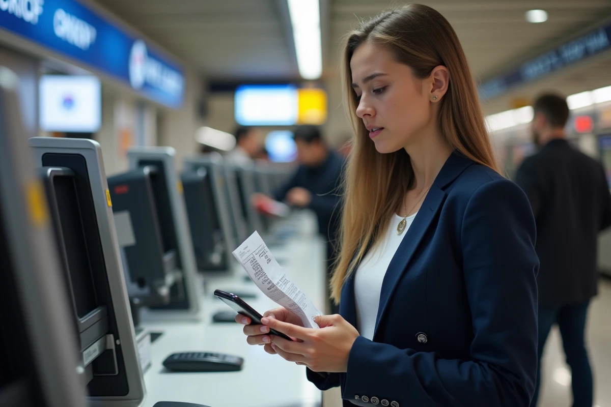 Jeune femme tenant un smartphone et un billet de train au guichet SNCF pour un abonnement jeune
