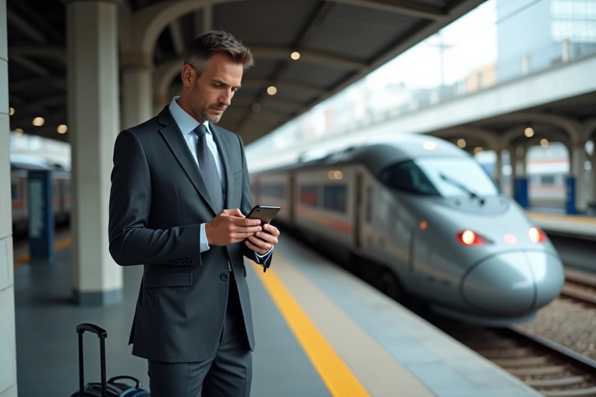 Professionnel vérifiant son abonnement pro SNCF sur smartphone sur un quai de gare TGV