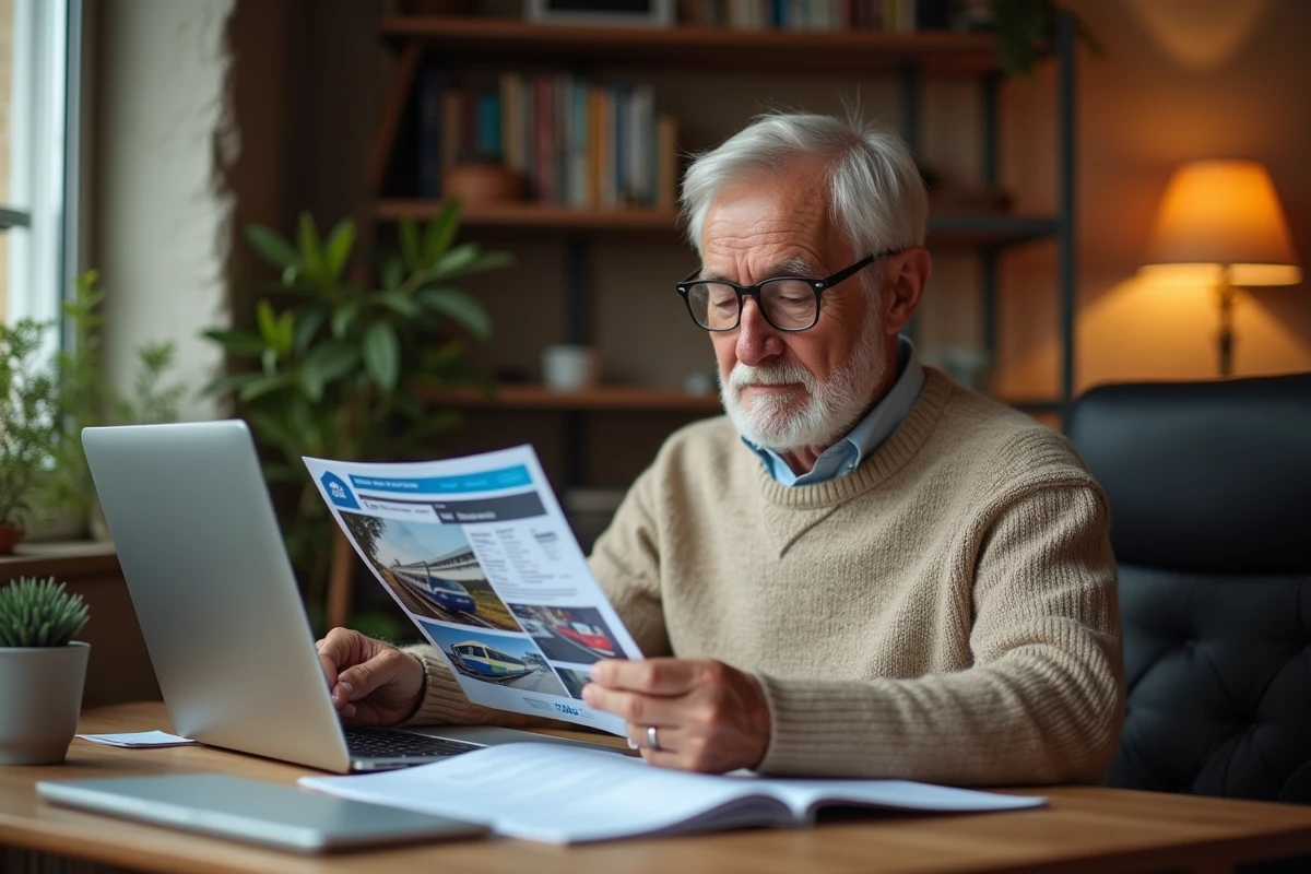 Senior consultant un brochure d'abonnement SNCF à domicile avec un ordinateur portable ouvert