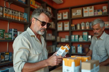 Homme achetant une cartouche de cigarettes dans un estanco espagnol, comparant les prix du tabac en Espagne