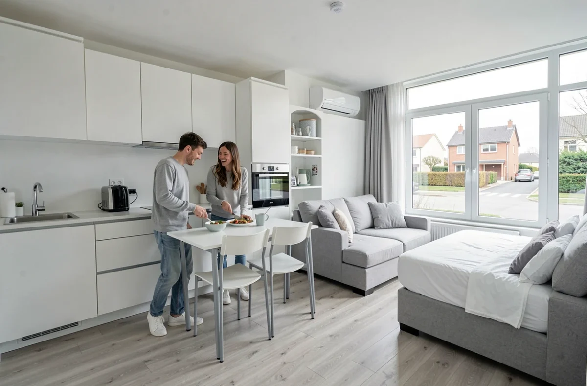 Studio moderne de l'Adagio Access Paris Sud Villejuif avec couple préparant un repas dans une kitchenette contemporaine