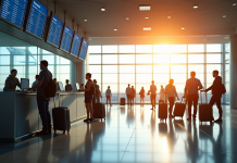 Heure limite d’enregistrement : Quand enregistrer pour un vol ? comptoir d enregistrement moderne dans un aéroport avec voyageurs et écrans