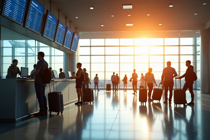 comptoir d enregistrement moderne dans un aéroport avec voyageurs et écrans