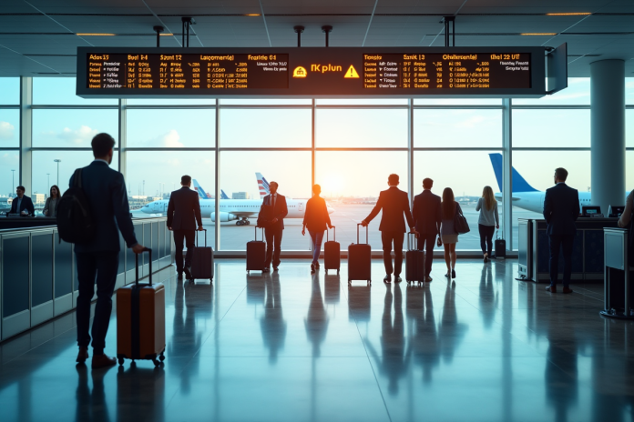 Terminal aéroport animé avec voyageurs et avions