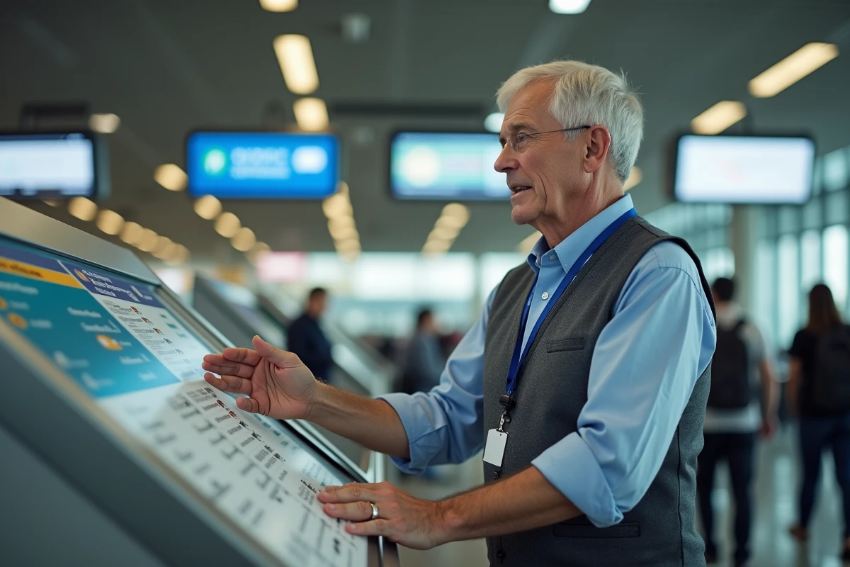 Agent d'information a&eacute;roportuaire conseillant un voyageur sur les connexions de transport vers Times Square &agrave; New York