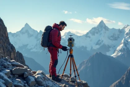 Alpiniste équipé d'un dispositif GPS sur une crête himalayenne pour mesurer l'altitude du plus haut sommet du monde