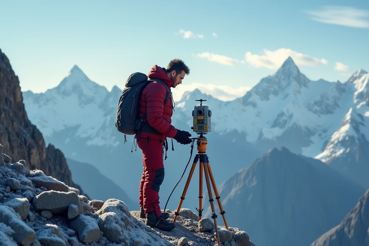 Alpiniste équipé d'un dispositif GPS sur une crête himalayenne pour mesurer l'altitude du plus haut sommet du monde