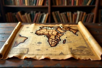Ancienne carte de l'Afrique sur parchemin avec le Sénégal mis en évidence, posée sur une table en chêne dans une salle d'archives historiques