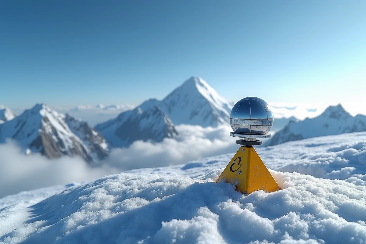 Antenne GNSS et repère de mesure GPS au premier plan avec le sommet de l'Everest en arrière-plan illustrant le relevé altimétrique moderne