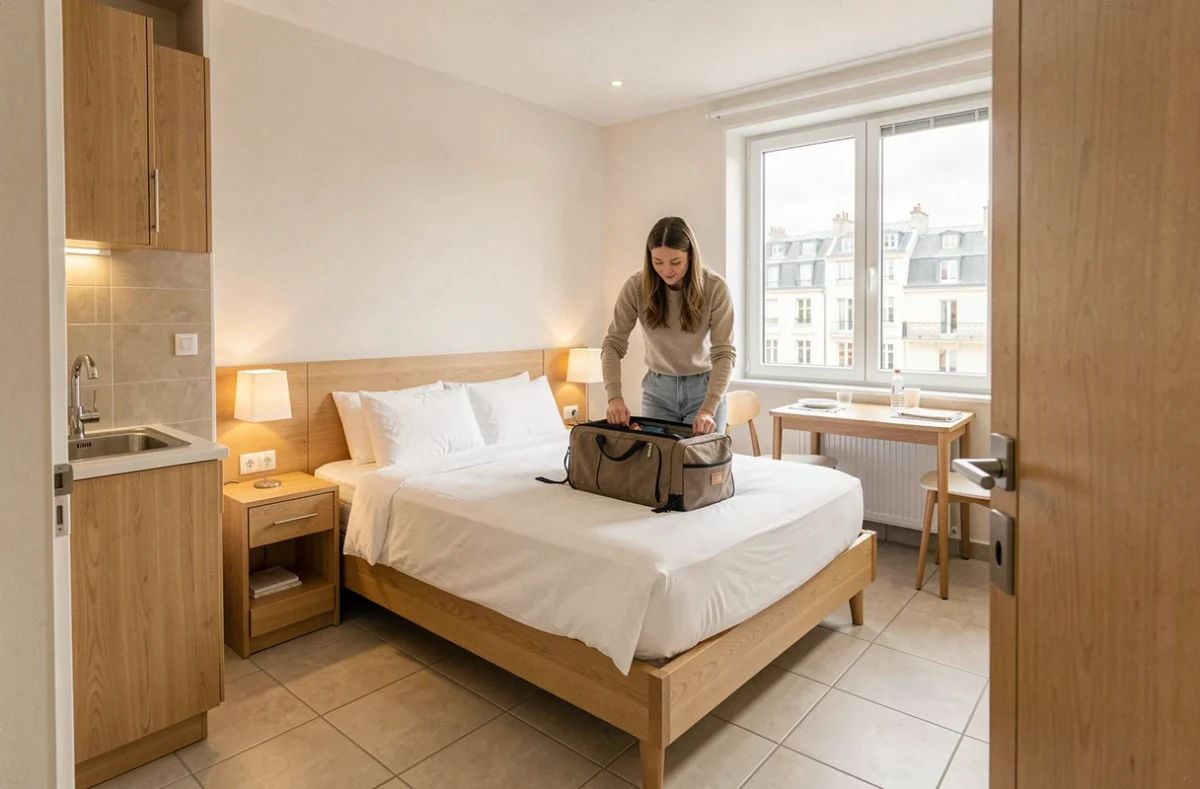 Studio équipé d'un apparthotel Victoria avec kitchenette et vue sur la banlieue parisienne