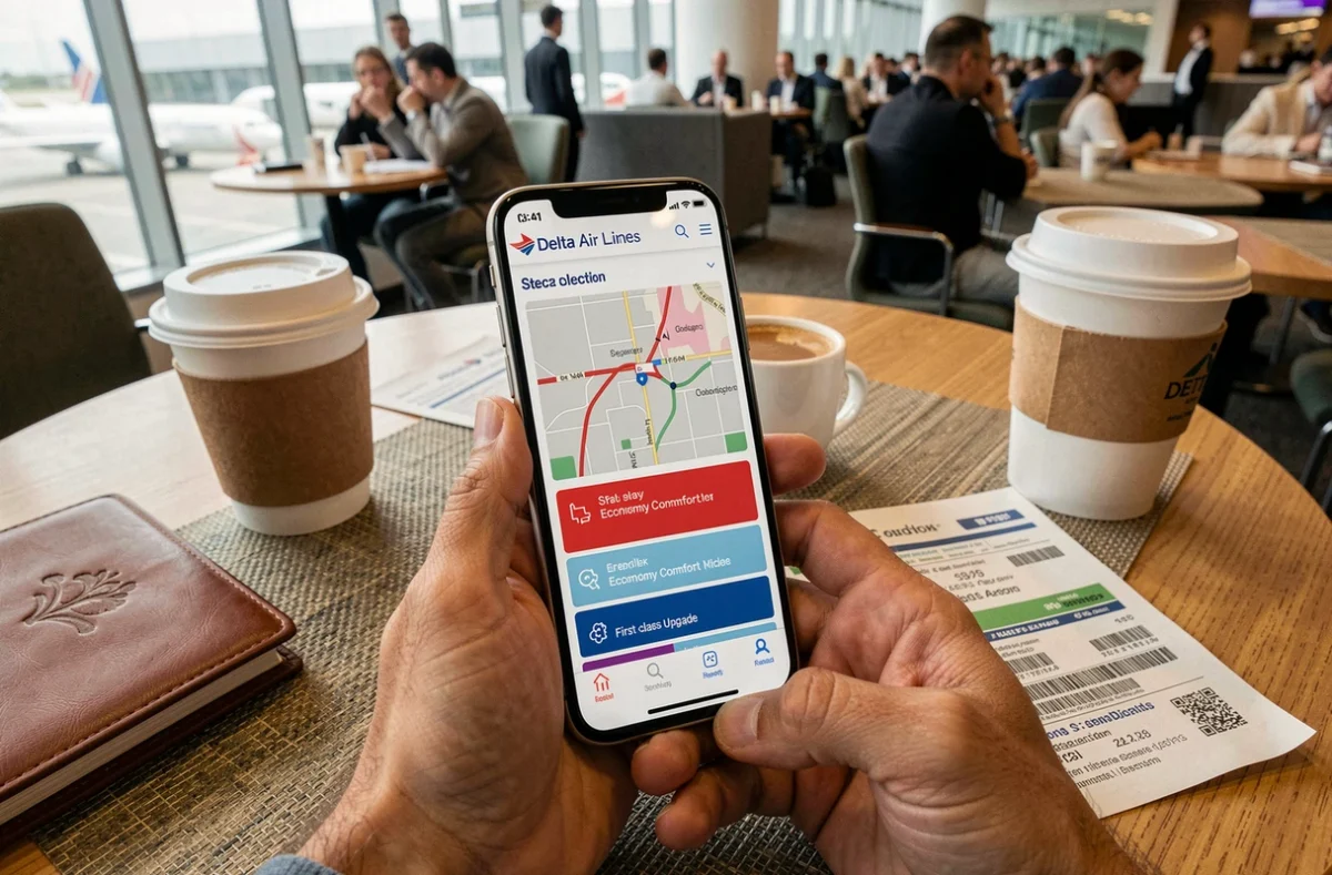 Application mobile Delta Air Lines affichant la carte des sièges avec options de surclassement disponibles
