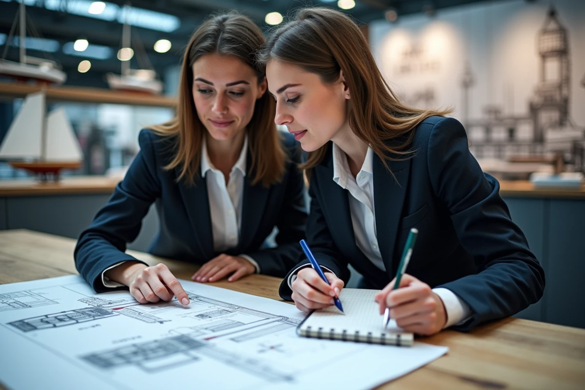 Deux architectes navales étudiant des plans techniques de conception de voilier lors d'un salon nautique professionnel à Paris