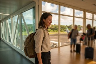 Voyageuse arrivant à l'aéroport de La Réunion avec les collines verdoyantes visibles en arrière-plan