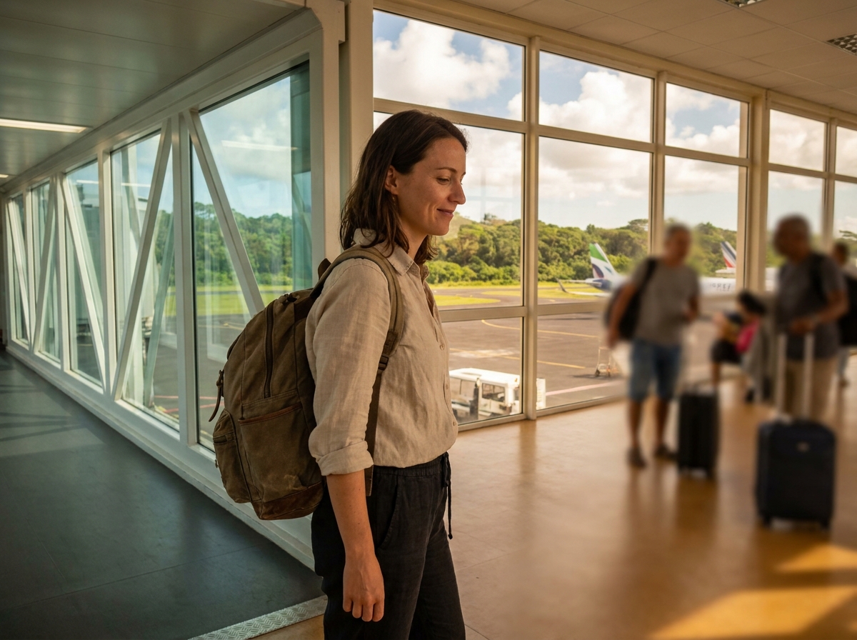Voyageuse arrivant à l'aéroport de La Réunion avec les collines verdoyantes visibles en arrière-plan