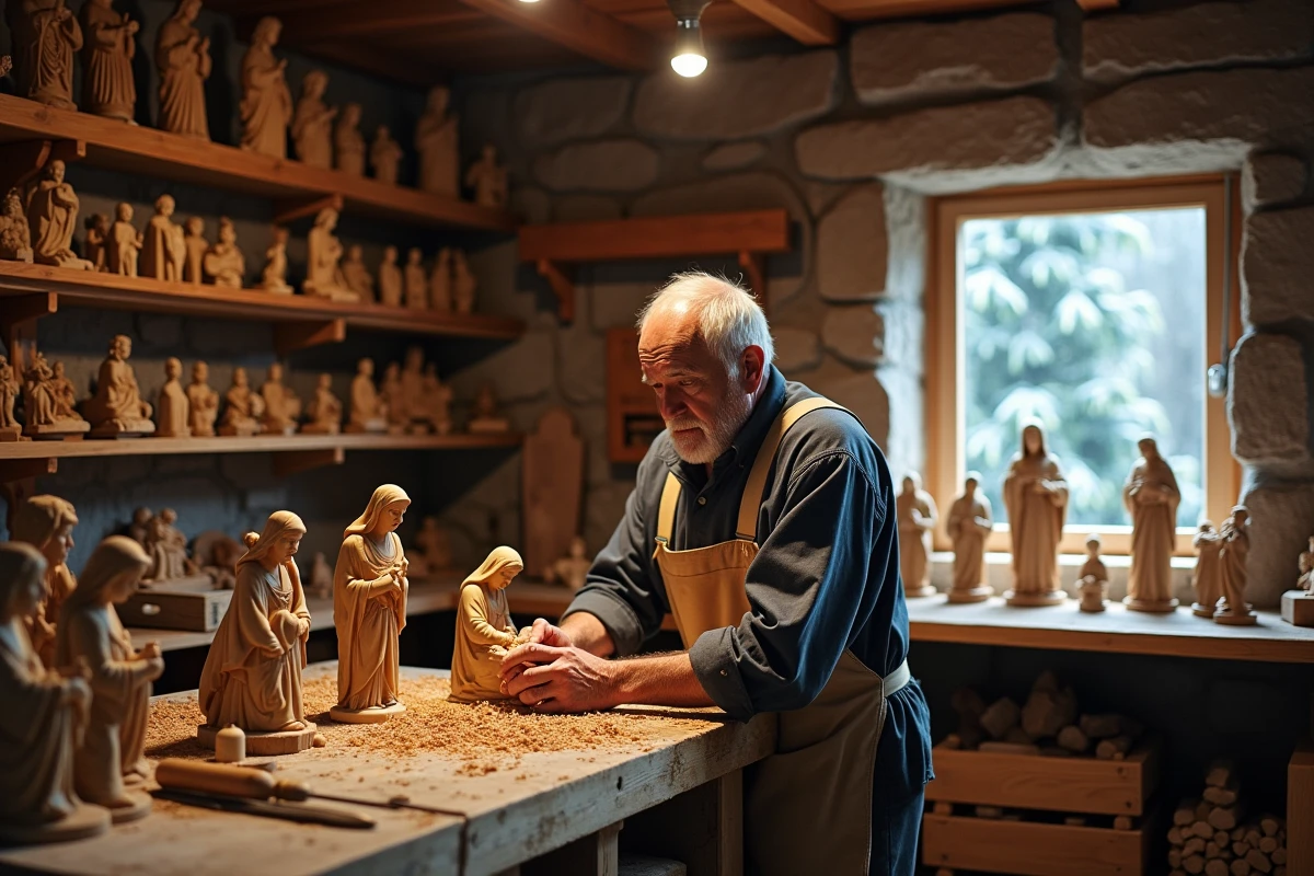 Artisan sculpteur sur bois dans un atelier traditionnel d'Oberammergau, entouré de sculptures religieuses bavaroises