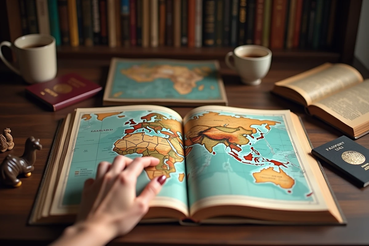 Plan rapproché d'un atlas ouvert sur l'Asie avec un passeport des Émirats arabes unis et des objets de voyage sur un bureau en bois