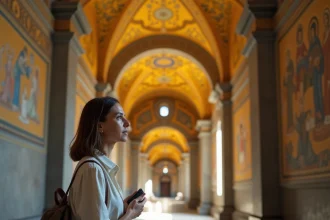 Visiteuse écoutant un audioguide dans la Cappella Palatina du Palais des Normands à Palerme, entourée de mosaïques byzantines dorées