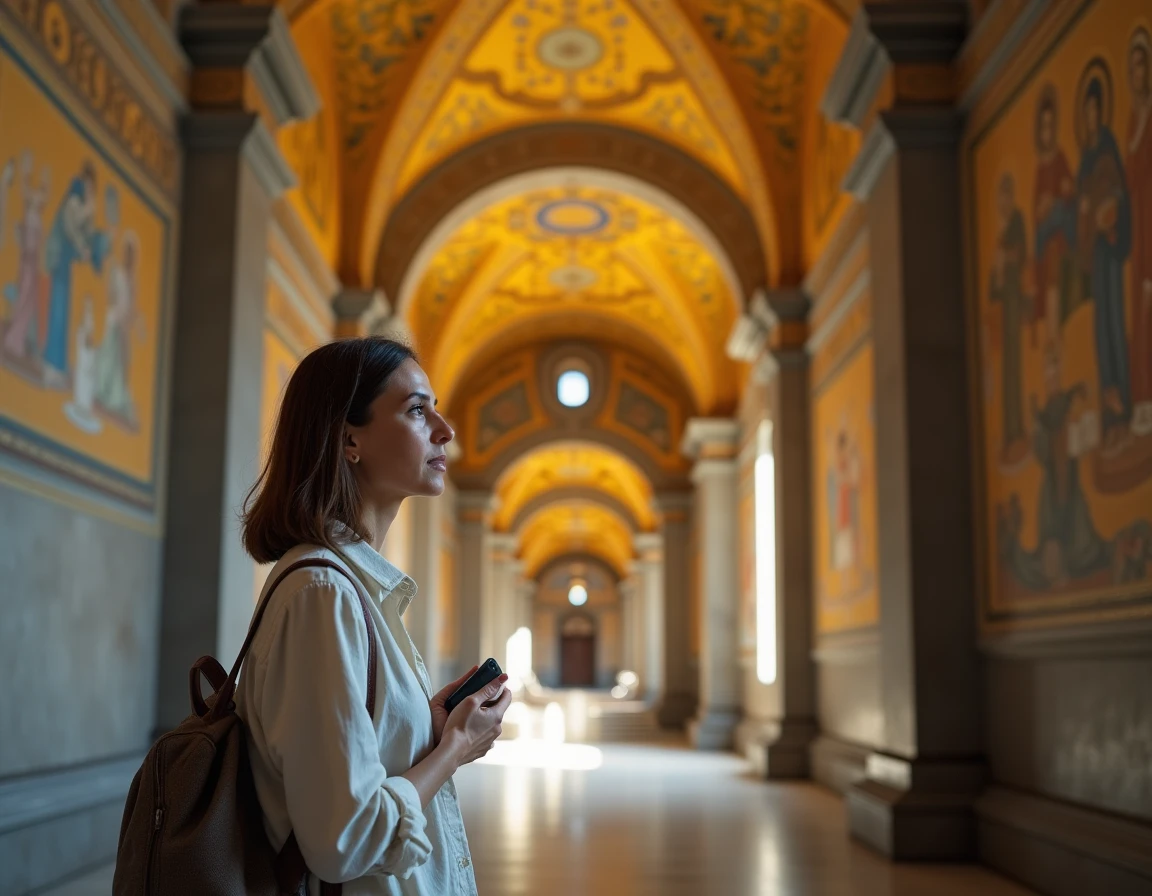 Visiteuse écoutant un audioguide dans la Cappella Palatina du Palais des Normands à Palerme, entourée de mosaïques byzantines dorées