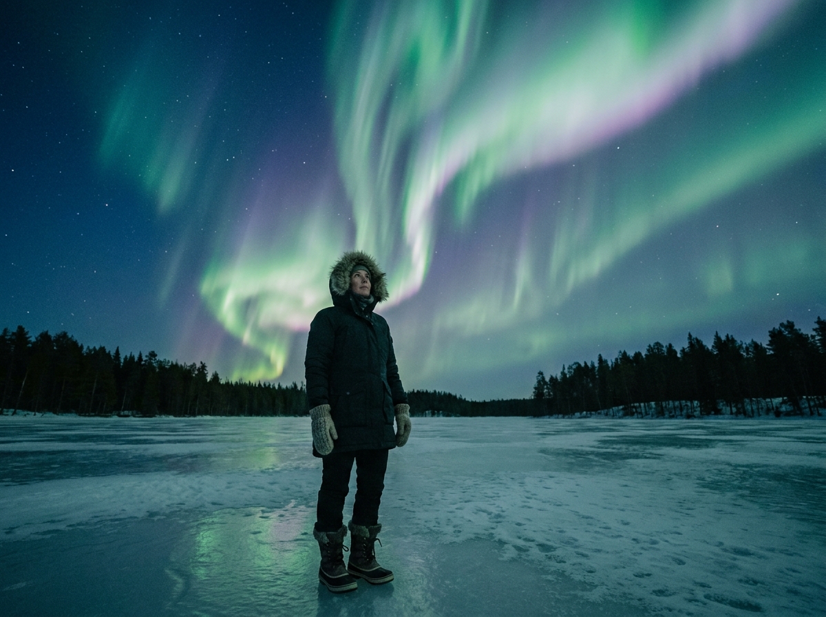 Femme en parka arctique observant les aurores boréales sur un lac gelé en Laponie finlandaise