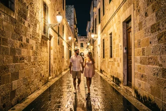 Couple se promenant dans une ruelle de La Valette la nuit, pavés mouillés et lampadaires ambrés à Malte