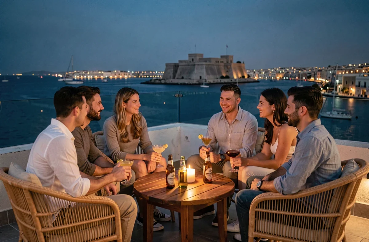 Groupe d'amis sur un bar rooftop à La Valette avec vue panoramique sur le Grand Port de Malte la nuit