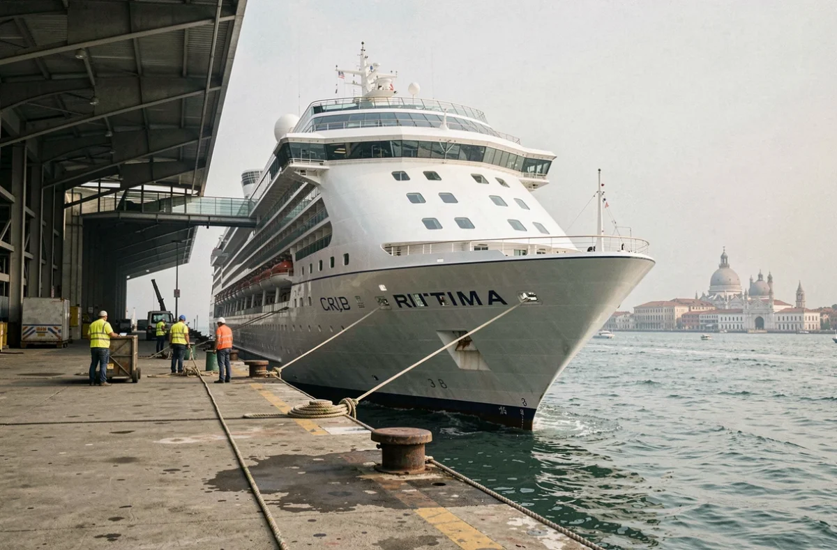 Grand bateau de croisière amarré au terminal Marittima de Venise avec la skyline vénitienne en arrière-plan