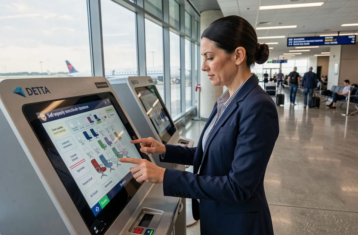 Femme sélectionnant une option de surclassement de siège Delta sur une borne libre-service à l'aéroport