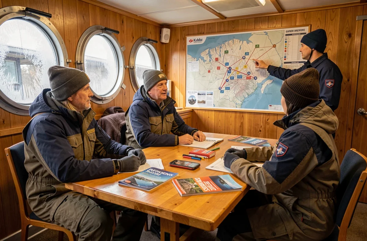 Passagers assistant à un briefing de sécurité à bord d'un navire de croisière Arctique