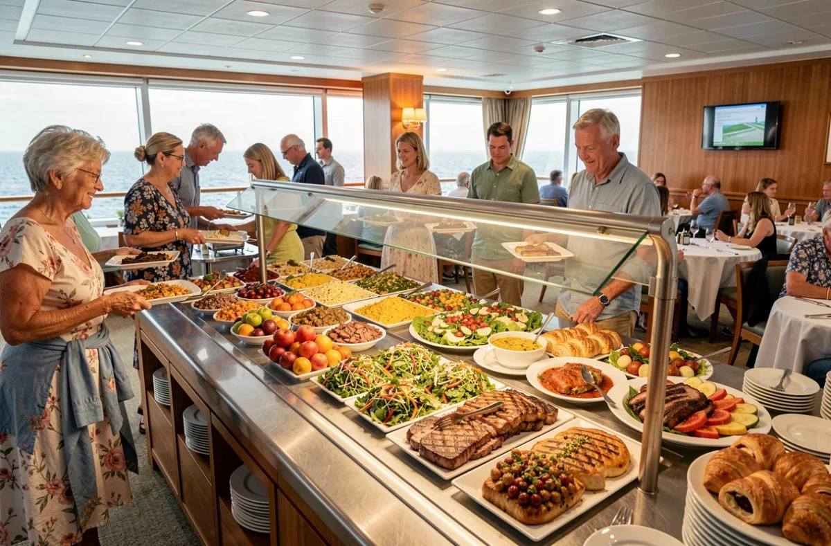 Buffet all inclusive abondant dans la salle à manger d'un bateau de croisière avec vue sur l'océan