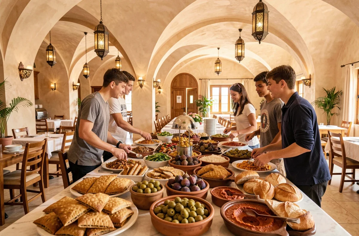 Buffet de petit-déjeuner tunisien dans la salle à manger d'un hôtel resort à Djerba, famille en vacances devant les spécialités locales