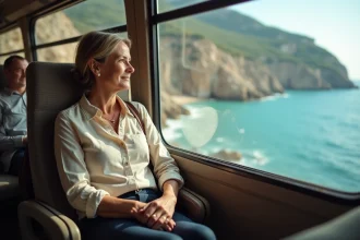 Femme assise dans un bus régional contemplant le paysage côtier de la Corse entre Propriano et Ajaccio