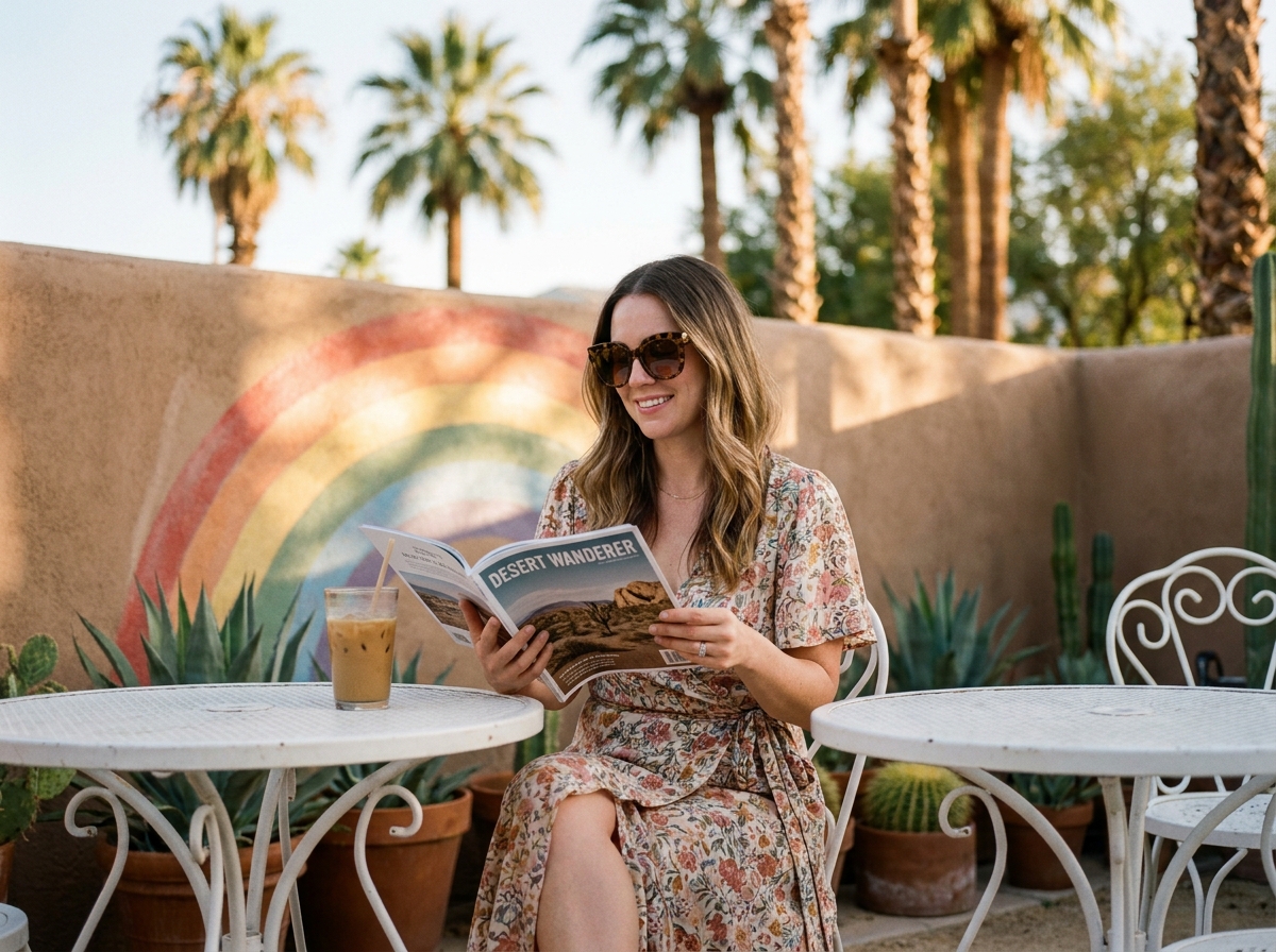 Femme voyageant seule dans un café en plein air à Palm Springs, mural arc-en-ciel et décor désertique typique de la ville LGBTQ+