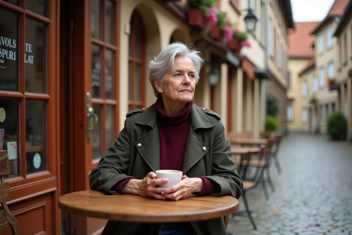 Femme savourant un café en terrasse dans une rue pavée du vieux Saint-Valery-sur-Somme