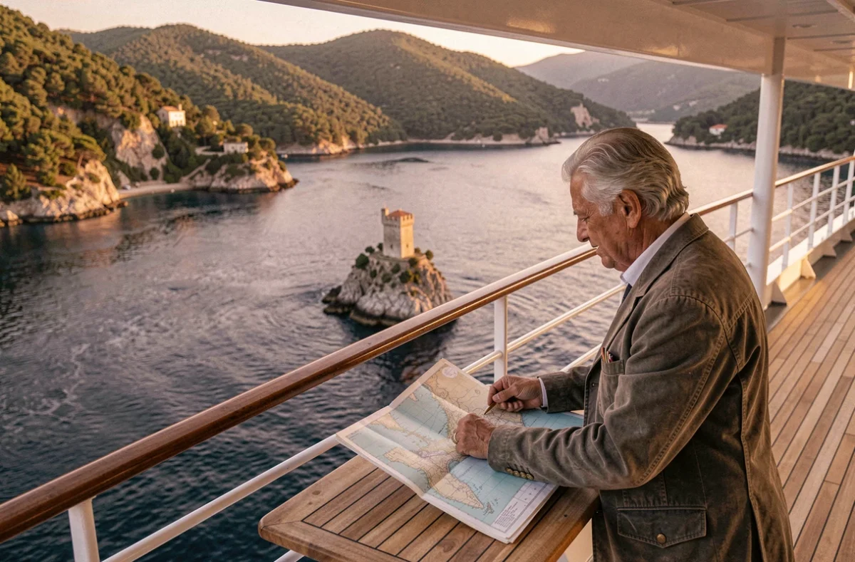 Capitaine consultant une carte nautique sur le pont d'un yacht avec vue panoramique sur une baie corse et une tour génoise