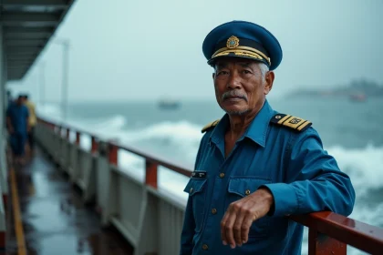 Capitaine de ferry indonesien en uniforme bleu sur le pont