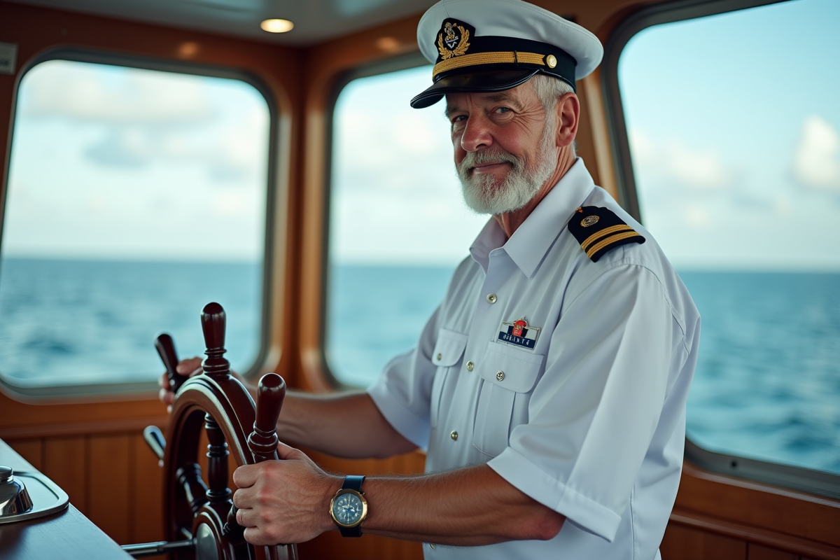 Capitaine de navire en uniforme à la barre