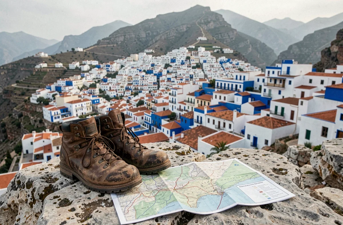 Carte topographique et chaussures de randonnée devant le panorama de Chefchaouen dans le nord du Maroc