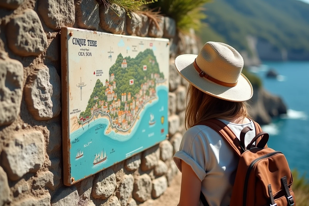 Randonneuse consultant une carte céramique des Cinq Terres sur un mur en pierre le long du sentier côtier en Italie