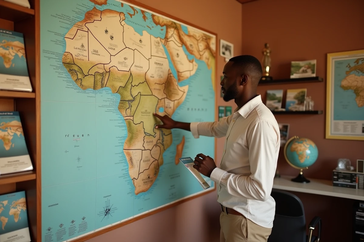 Agent de voyage pointant une carte murale du Sénégal dans une agence de tourisme à Dakar
