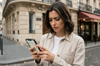 Femme consultant une carte de Paris hors connexion sur son smartphone dans une rue parisienne typique