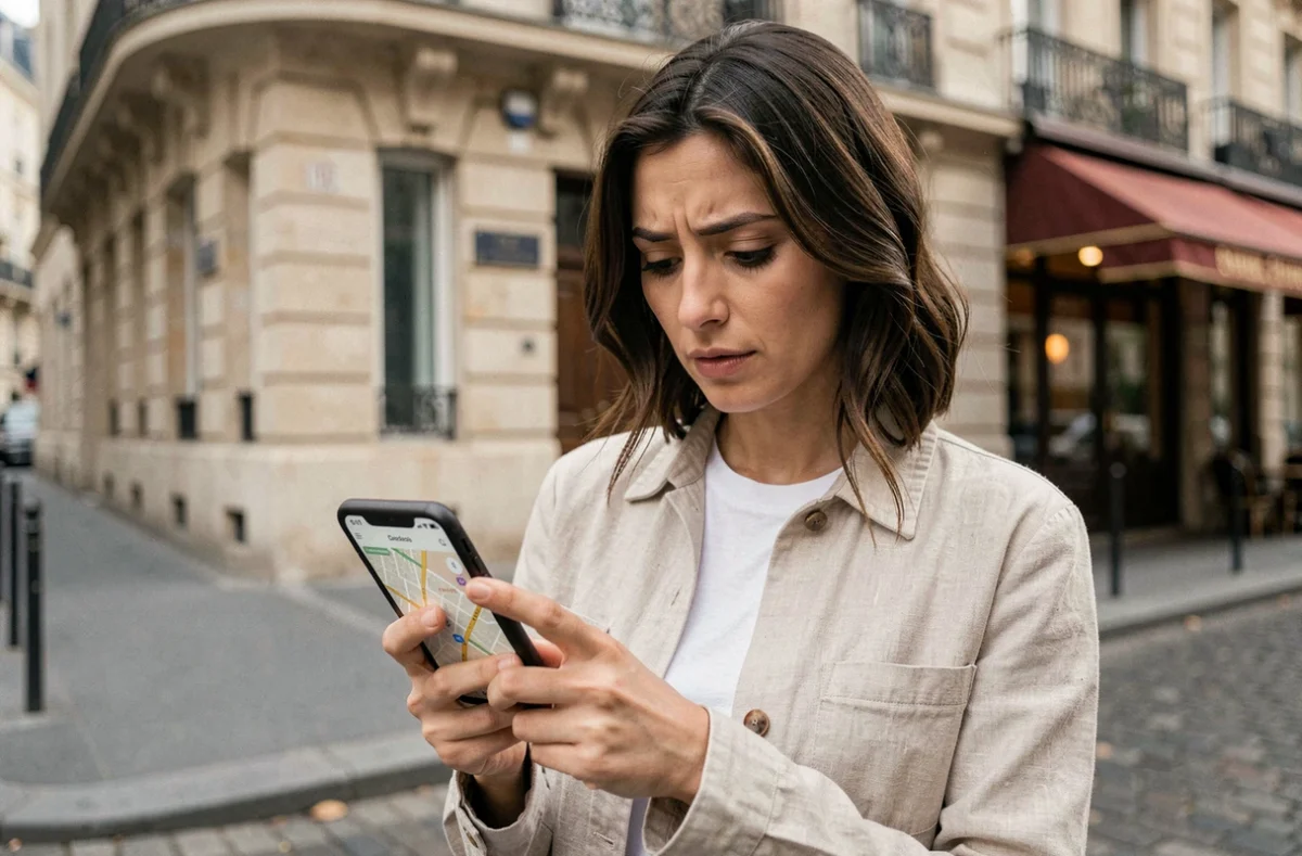 Femme consultant une carte de Paris hors connexion sur son smartphone dans une rue parisienne typique