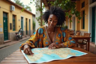 Femme sénégalaise consultant une carte touristique du Sénégal sur une terrasse coloniale de Saint-Louis
