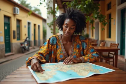 Femme sénégalaise consultant une carte touristique du Sénégal sur une terrasse coloniale de Saint-Louis