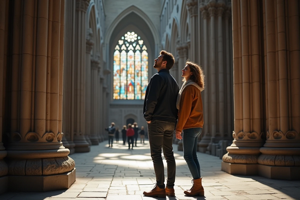 Intérieur de la cathédrale de Strasbourg avec ses piliers gothiques et vitraux colorés, un couple admirant l'architecture en Alsace
