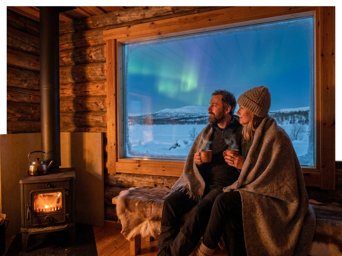 Couple dans un chalet en rondins de Laponie contemplant les aurores boréales par une grande fenêtre enneigée