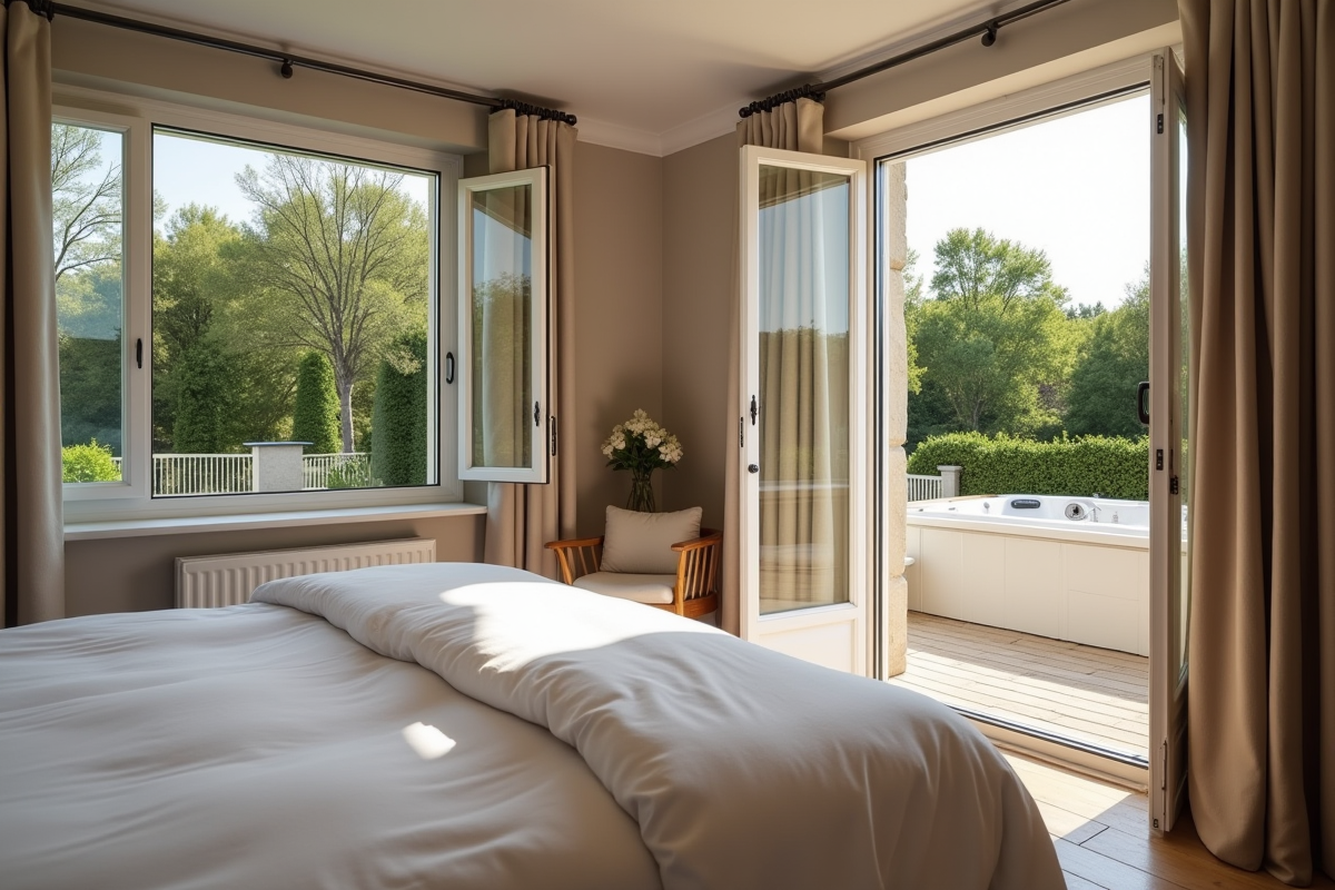 Chambre lumineuse avec vue sur jacuzzi dans un gîte normand