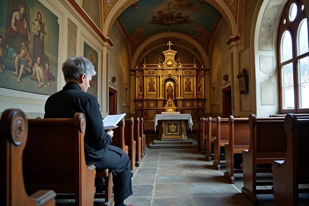 Intérieur d'une chapelle baroque méconnue aux portes d'Oberammergau avec autel doré et fresques anciennes
