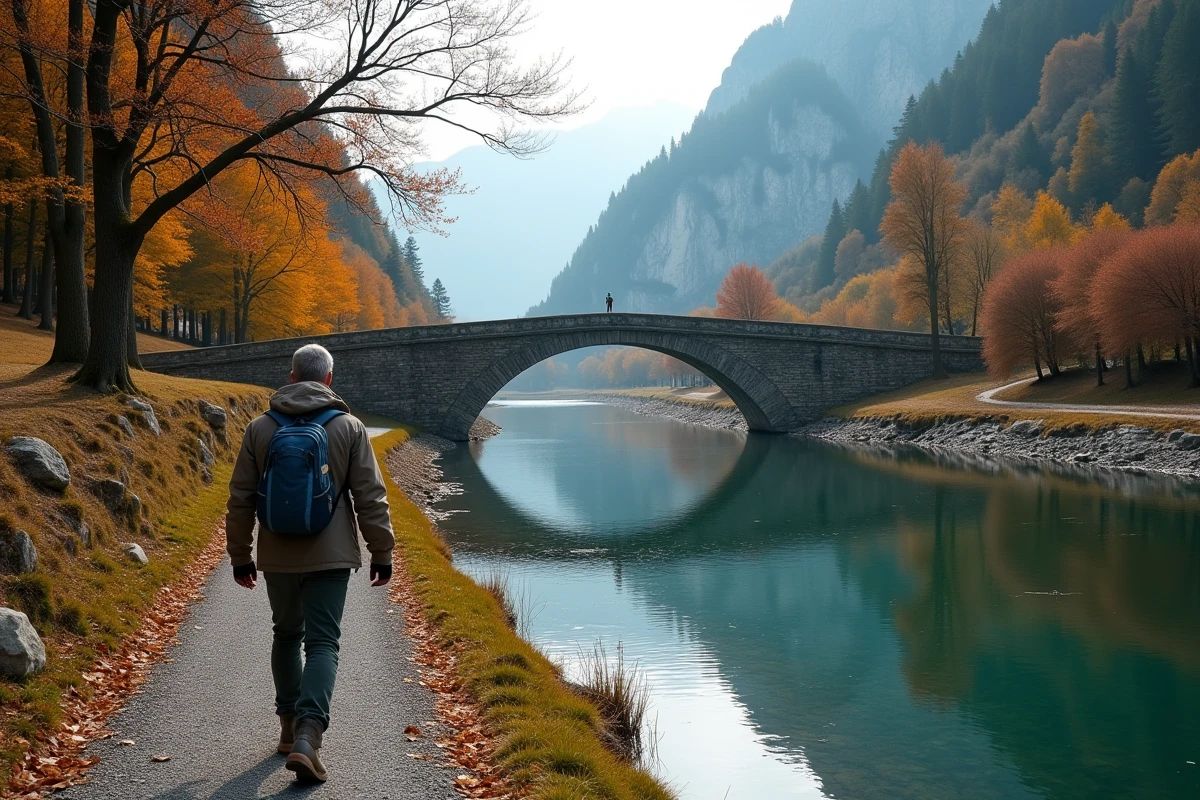 Chemin secret le long de la rivière Ammer à Oberammergau avec vue sur un pont en pierre et les Alpes bavaroises en automne