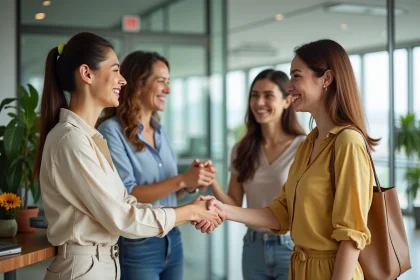 Collègues souriants qui se souhaitent de bonnes vacances avec style avant les congés d'été au bureau